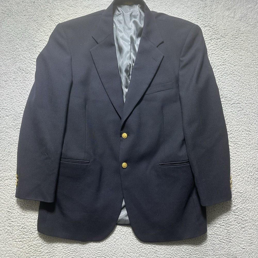 Stafford 42R Mens Navy Blue Worsted Wool Blend‎ 2 Gold Button Blazer Sport Coat